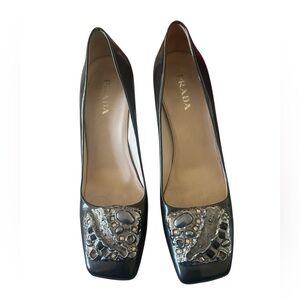 Prada Black Heels with Silver Metal Embellishments